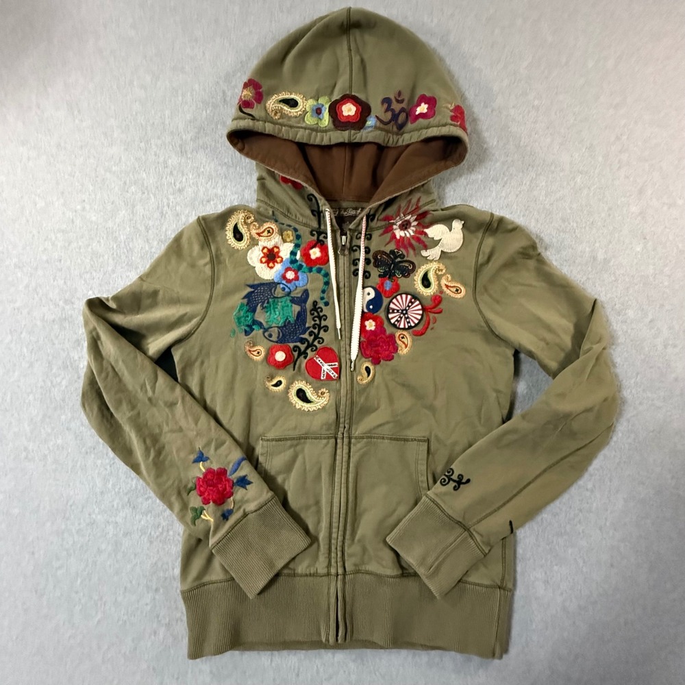 Vintage Y2K Lucky Brand Olive Green Embroidered Full Zip Hoodie Floral Small